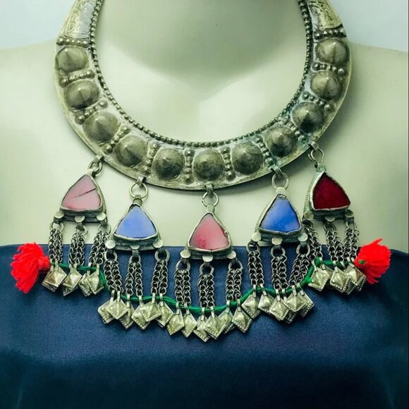 Vintage Torque Choker With Dangling Pendants, Handmade Tribal Choker - Picture 1 of 13